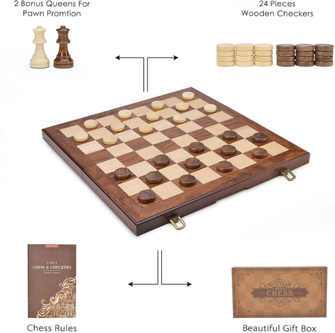 AMEROUS Wooden Chess & Checkers Set - 15 Inches (2 in 1) with Upgraded Weighted Chess Pieces, Gift Package
