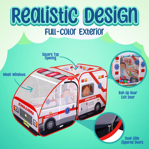 Ambulance Pop-up Play Tent for Kids with Sounds, Doctor Kit & Ball Pit, Easy Setup Indoor & Outdoor Emergency Vehicle
