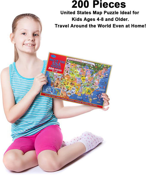 USA Map Puzzle for Kids - 200 Piece Jigsaw Puzzle with 50 States and Capitals, Ages 4 and Up