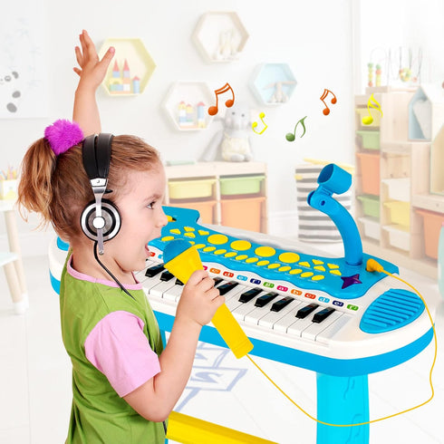 Costzon 31-Key Kids Piano Keyboard Toy, Toddler Electronic Musical Instrument with Microphone, Lights & Stool