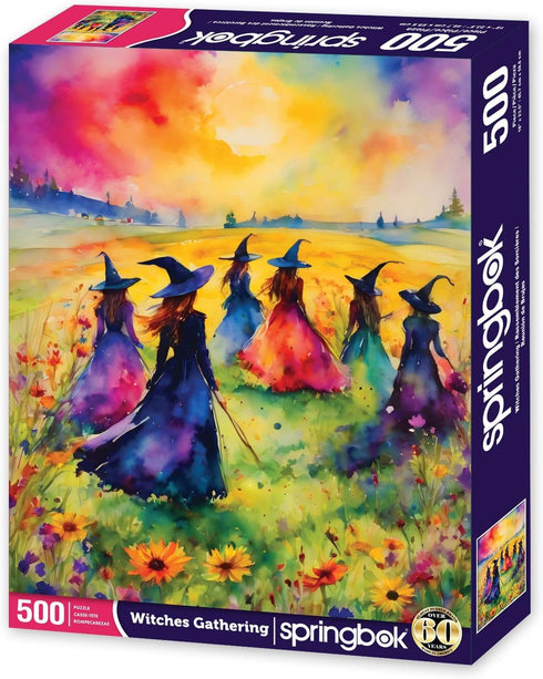 500 Springbok's Witches Gathering Piece Puzzle for Adults is a Watercolor Image of Witches Gathering in a Blossoming