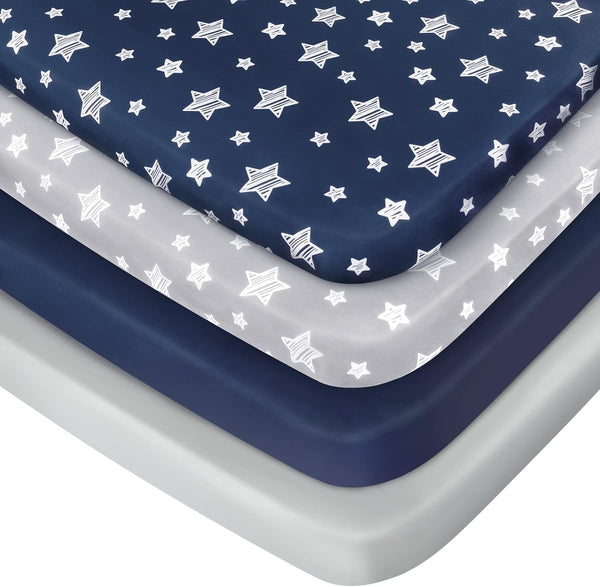 Pack and Play Sheets Boys, 4 Pack Mini Crib Sheets, Stretchy Pack