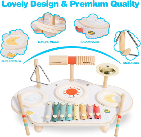 Kids Drum Set - 9 in 1 Baby Drum Set for Toddlers, Montessori Musical Instruments Toy, Wooden Xylophone for Boys & Girls
