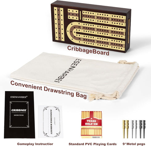 Set 3-Track 9 ESENHARBER Foldable Wooden Cribbage Board - Elegant Design with Magnetic Closure, Metal Pegs, Full Deck