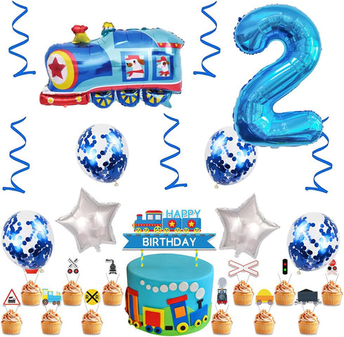 Weenkeey 2nd 2 Birthday Train Balloons - Giant Aluminum Foil Balloon Number Mylar for Railroad Party - Blue