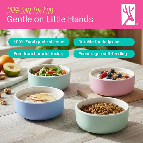 Elk and Friends Kids Porcelain Bowls with Silicone Sleeve + Silicone Lid | Kids/Toddler/Baby Feeding | Microwave