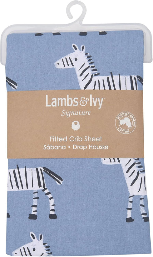 Stylish Zebra Print Crib Sheet - Azure Blue Organic Cotton
