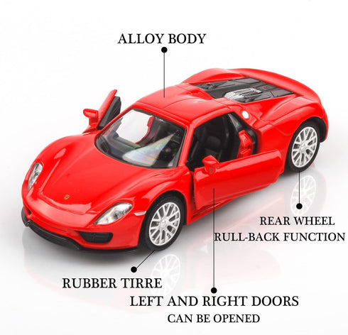 1/36 Scale Porsche 918 Spyder Diecast Model Car, Pull Back Vehicle, Gift for Boys and Girls, Red