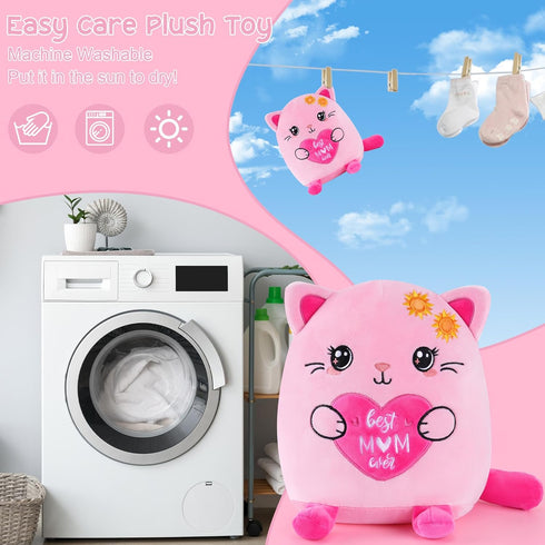 10-Inch Best Mom Ever Gifts, Pink Cat Stuffed Animal Mom Birthday Gift from Daughter Son, Unique Present Ideas