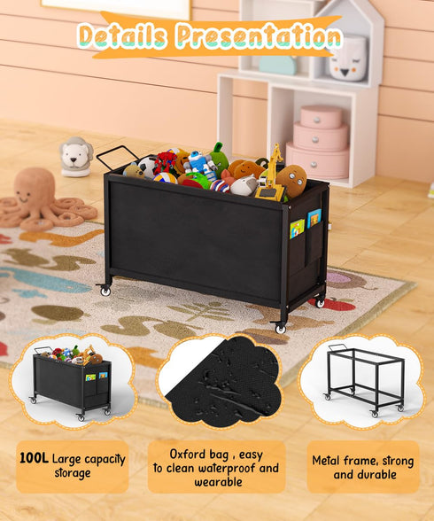 100L Large Kids Toy Box with Wheels, Storage Organizer for Toddlers, Black Toy Storage Bin for Stuffed Animals