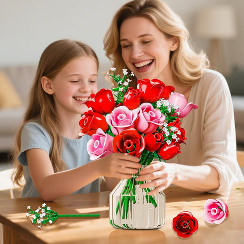 Set 16 387PCS HOGOKIDS Flowers Bouquet Building with Lights - Roses Bouquet Botanical Building Blocks Artificial Red