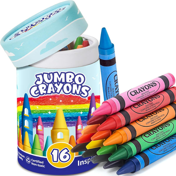 16 Colors Jumbo Crayons for Toddlers, Washable Easy to Hold Large Crayons