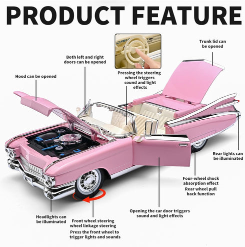 RZAPE 1/24 4-7Pink Toy Car Models Diecast Cars Eldorado Metal Model Cars Carros De Coleccion,Model Car Kits for Adults
