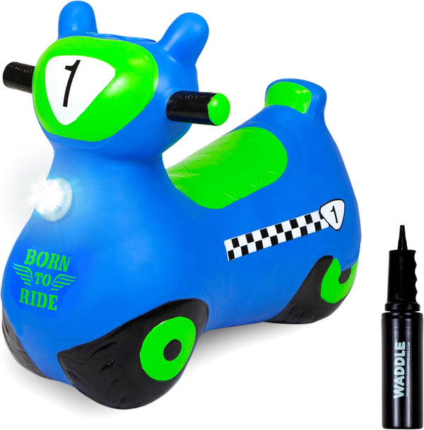 WADDLE Bouncy Hopper Inflatable Hopping Animal Scooter for Toddlers and Kids, Pump Included (Blue Zoomer)
