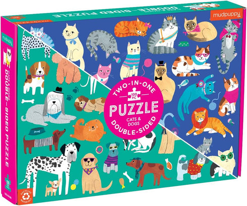 Mudpuppy Cats and Dogs Double-Sided Puzzle, 100 Pieces, 22”x16.5”, Colorful Illustrations for Ages 6+