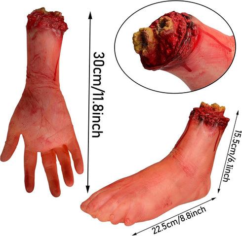 XONOR Halloween Fake Human Arm and Foot - Bloody Dead Body Parts Decorations, 4-Pieces (1 Pair Hands, 1 Pair Feet)