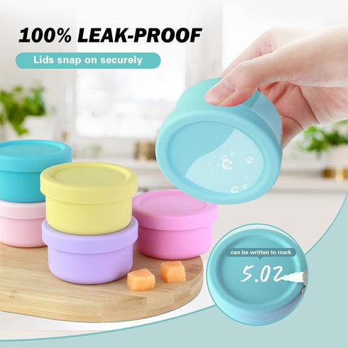 Set of 6 100% Silicone Baby Food Storage Containers of Cute Fun Colors, 5 oz Leak Proof Food Snack Containers for Infants Kids with Airtight Lids, Freezer Dishwasher Safe