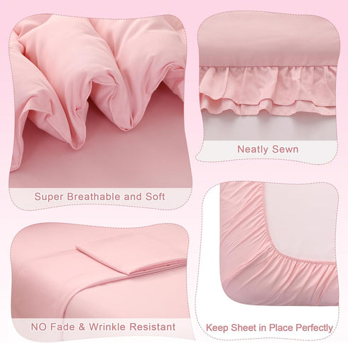 Set 4 Set Wowelife Pink Toddler Bedding for Girls Toddler Bedding Pieces Boho Tufted Comforter with Ruffles Design