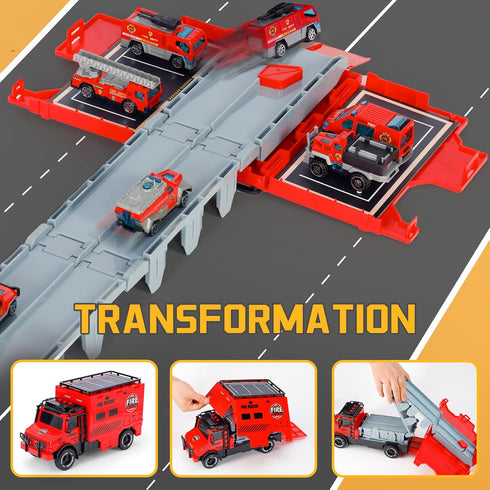3-7 6 Versatile Transforming Truck with Race Tracks for Kids Ages - Foldable Car Toy with Dual Launchers, Cars