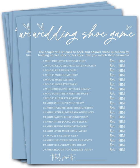 Bridal Shower Games Cards, Wedding Shoe Game, 25 Guests Engagement Party Games for Minimalist Blue Wedding Supplies