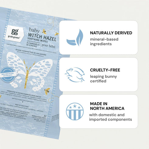 32 Common Packaging Grab Green Baby Witch Hazel Soothing Wipes, Wipes, Dreamy Rosewood Scent, Plant and Mineral Based