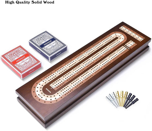 Set 2 3 Sets AMEROUS Wooden Cribbage Board Game with Magnetic Lock - Metal Pegs - Playing Cards - Continuous Track