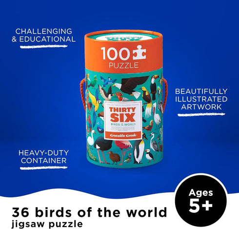 Crocodile Creek Jigsaw Puzzle in Canister, 100 Piece Table or Floor Puzzle includes Educational Animal Finder Sheet, for Ages 5 Years and Up, Thirty-Six Birds