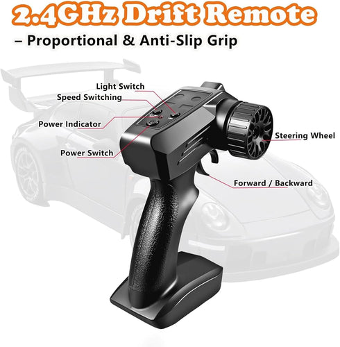 1:24 RC Drift Car, Scale Remote Control Vehicle with LED Lights,Drifting TiresTwo Batteries, Racing Sports Toy Idea