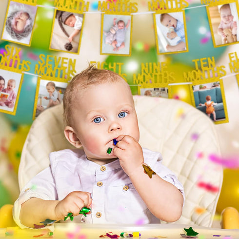 Whaline 1st Birthday Baby Photo Banner, Monthly Milestone Photograph Bunting Garland for First Birthday Celebration