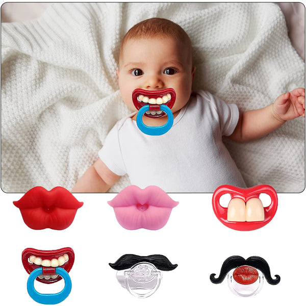 AUSTUFF 6PCs Funny Pacifier Infant Cute Kissable Lips and Gentleman Mustache Soft Silicone