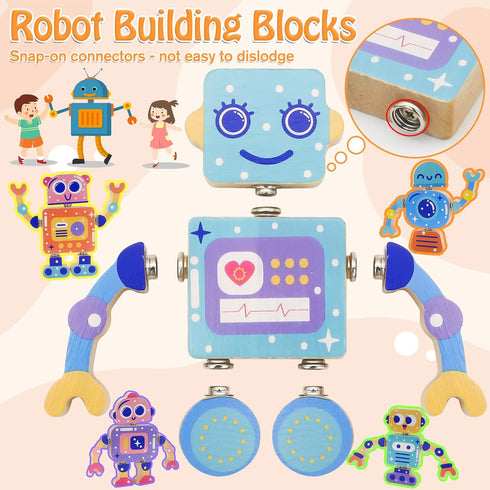 28-Piece 36 Robots Wooden Snap-Together Building Toys STEM Montessori Educational Blocks for Toddlers Ages | Fine Motor