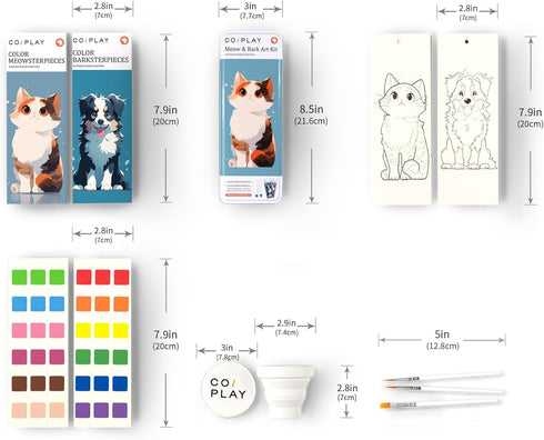648 Set, 52-Bookmarks, 3 COIPLAY Color Blocks Watercolor Paint Brushes, Silicone Cup, Meow/Bark Coloring Books, for All