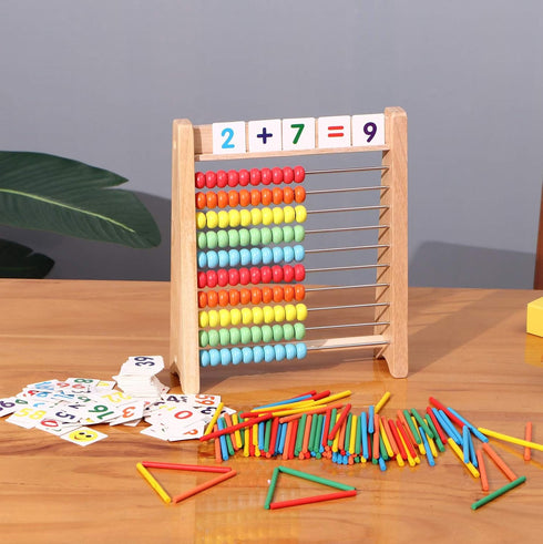 Wooden Abacus for Kids Math, 100 Counting Sticks & Number Cards 1-100, Educational Math Games for Preschool Learning