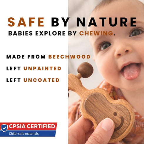 HIPPO TOYS Set 0-12 Natural Wooden Teether & Rattle for Babies Months | Montessori Sensory Toys | Plastic-Free
