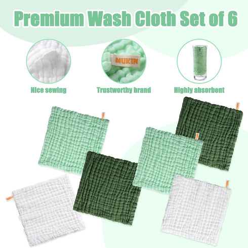 Pack 6-12x12 inches MUKIN Baby Washcloths - Soft Face Cloths for Newborn, Absorbent Bath Face Towels, Baby Wipes, Burp