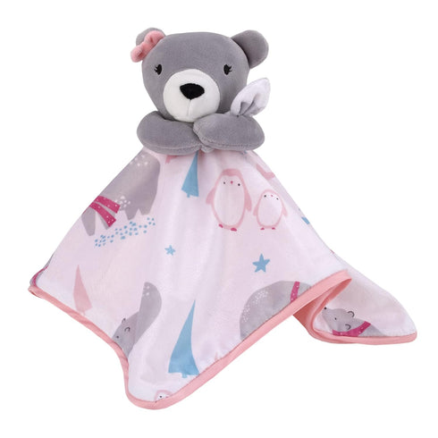 NoJo Girl Bear and Penguins White, Gray, and Pink Super Soft Christmas Sherpa Baby Blanket and Security Blanket Set by NoJo