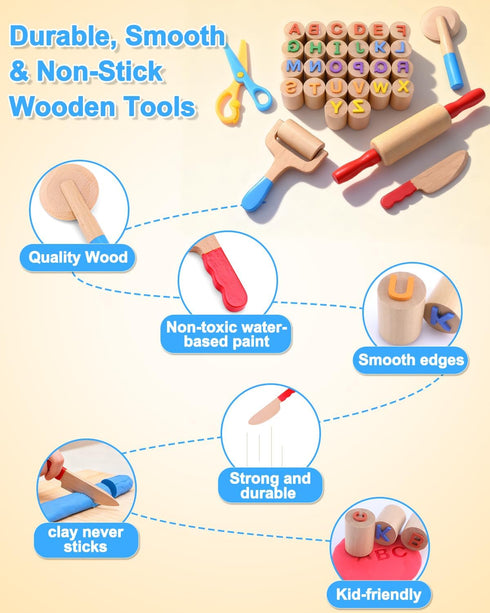 26 36 Wooden Dough Tools Kit for Kids, Dough Accessories with Rolling Pins, Pizza Cutter, Safety Scissors & Letter