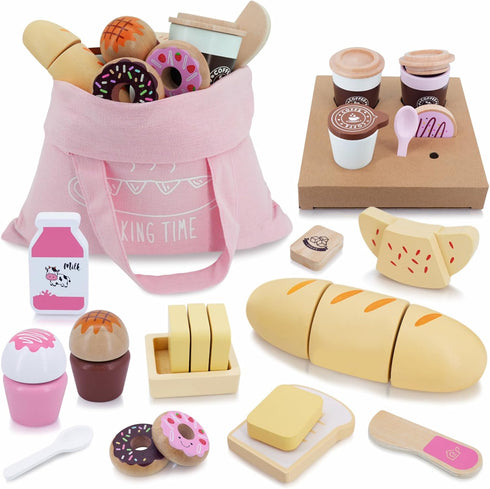 SIMPLIPLAY Wooden Bakery Playset Food Toys, 23pcs Wooden Pretend Play Food Sets