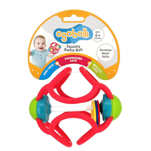 OgoBolli Baby Rattle Toy and Teether Ring, Tactile Sensory Ball for Boys and Girls 6+ Months - Soft Non-Toxic Silicone