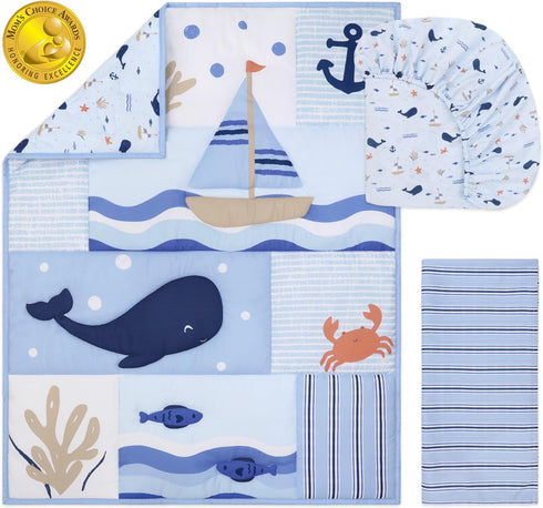 3 Set The Peanutshell Piece Nautical Patch Baby Crib Bedding Boy, Baby Blanket Quilt, Fitted Crib Sheets for Boys, Navy