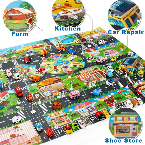 Plastic Toy Rug, Self Cleaning Oil Free Cloth,Washable for Floor Or Table,Kids Carpet PVC City Life,Educational Road