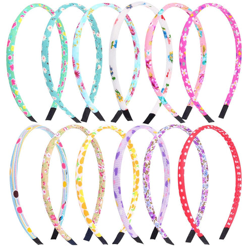 Headbands for Girls, 12Pcs Thin Hair Bands for Kids, Floral Cloth Fabric Covered Headbands for Birthday Party