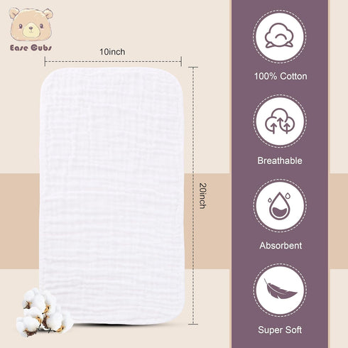 Ease Cubs 100% 24-Pack, 20" X10") Muslin Burp Cloths Large Cotton Hand Washcloths for Boys & Girls, Baby Essentials