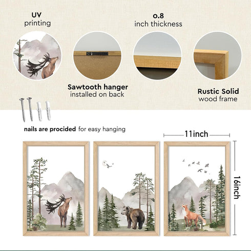 YWJKWLGS Set 3, 11x16 Inch Woodland Animal Nursery Wall Art of Natural Wood Framed Watercolor Deer Bear Fox Prints