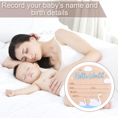 Penitue 5.9in Baby Announcement Sign, Wood Newborn Welcome Baby Name Sign with Pen Hello World Birth Announcement