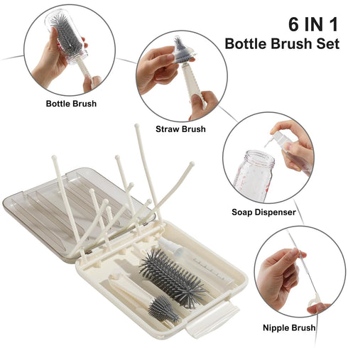 6 1 Set,Bottle in Baby Bottle Brush Cleaner Brush Kit with Silicone Bottle Brush,Drying Rack,Nipple Brush,Straw