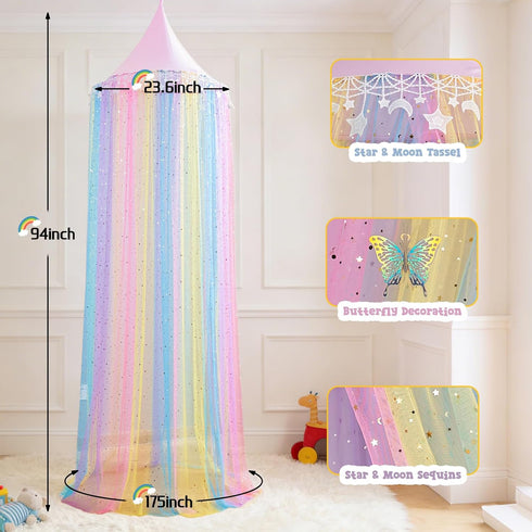 STAOLENE Rainbow Princess Bed Canopy for Girls, Breathable Hanging Mosquito Net with Glitter Star & Moon Tassels, Fits