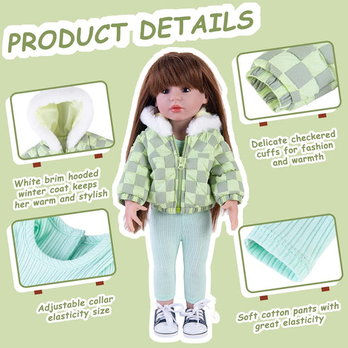 Doll Clothes 3 Pc. Set Light Green Grey Plaid Hooded Thick Coat Checkerboard Jacket with Long Sleeve, Warm Doll Outfit Hoodie Snowsuit Fits for 18" Dolls (Doll & Shoes not Included) 013