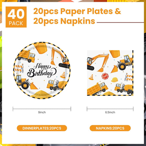 KFJBPB 40 Set 20 Pcs Construction Plates and Napkins Party Supplies, Construction Birthday Party Decorations Disposable