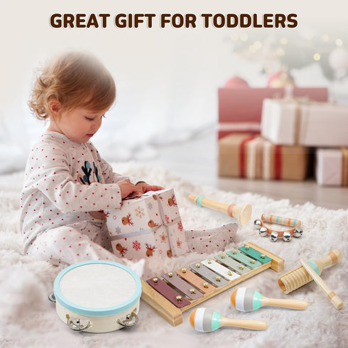 LeeQee 1 2 3 Set 3+ Montessori Toys for Year Old - Wooden Toys Baby Musical Instruments, Neutral Colors Percussion